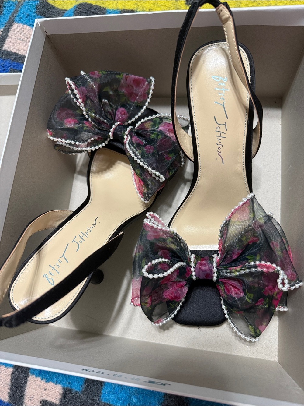 Betsey Johnson Black Floral Organza Bow Slingback Heels